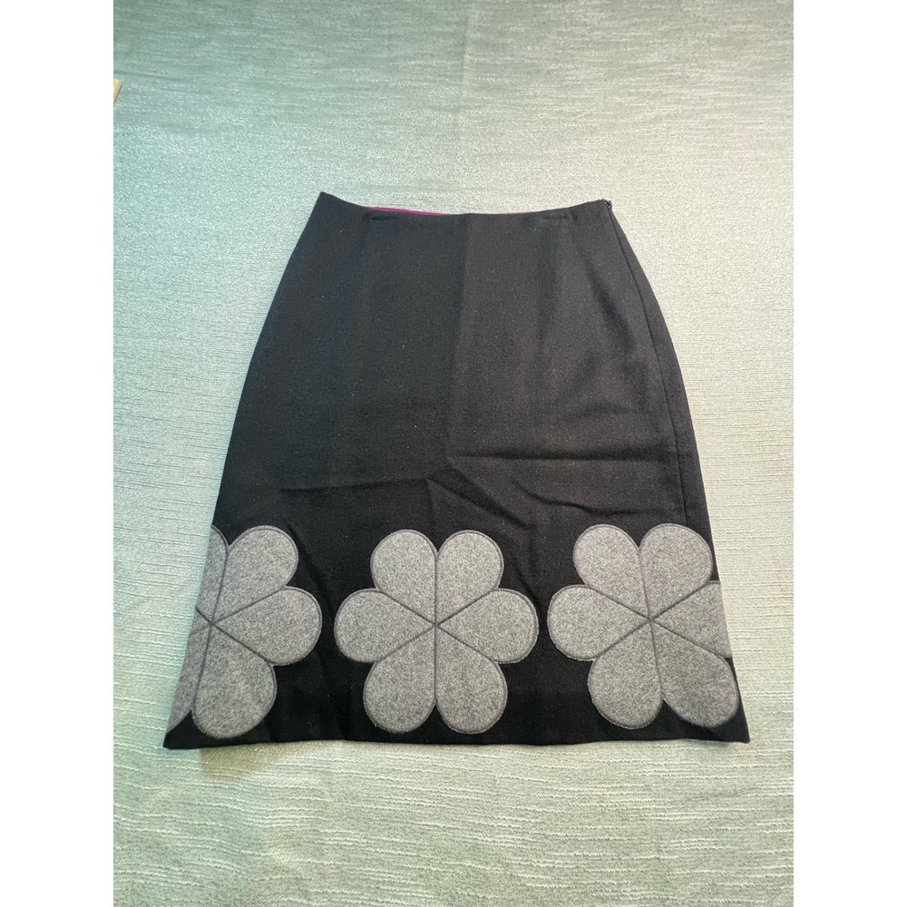 Boden Black Wool Blend A-Line Skirt Grey Flower Applique Pink Lining US 4